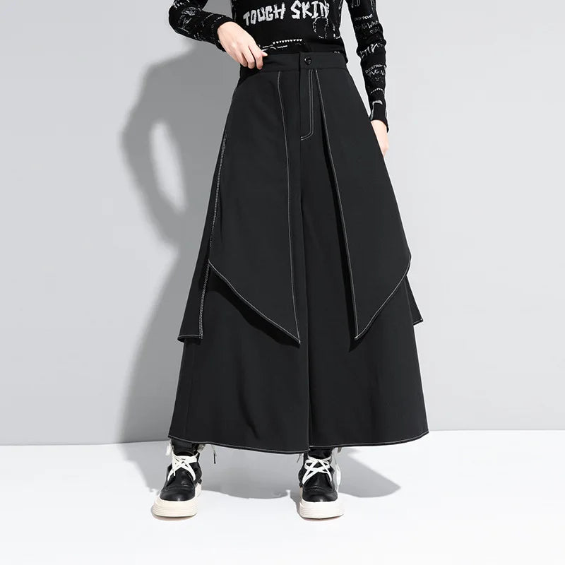 Korean Woman Pants New 2025 Black Loose False Two-piece Wide Legs Pants Ladies Casual Streetwear Hurajuku Trousers Ladies