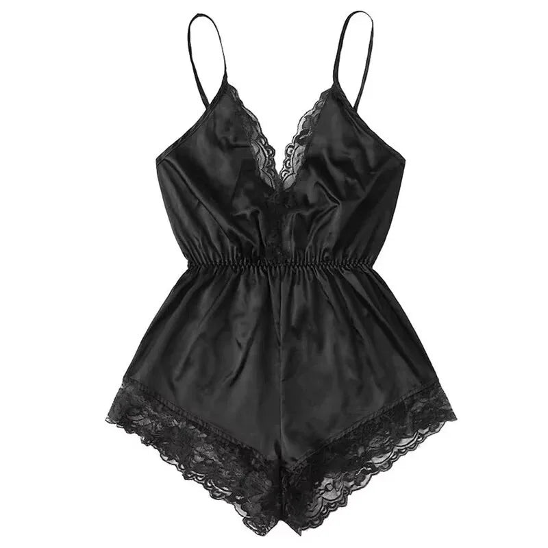Summer New Sexy Fashion Women Lace Splice Trim Backless Bow Shorts V-Neck Bodysuit Women Sleep Wear Set